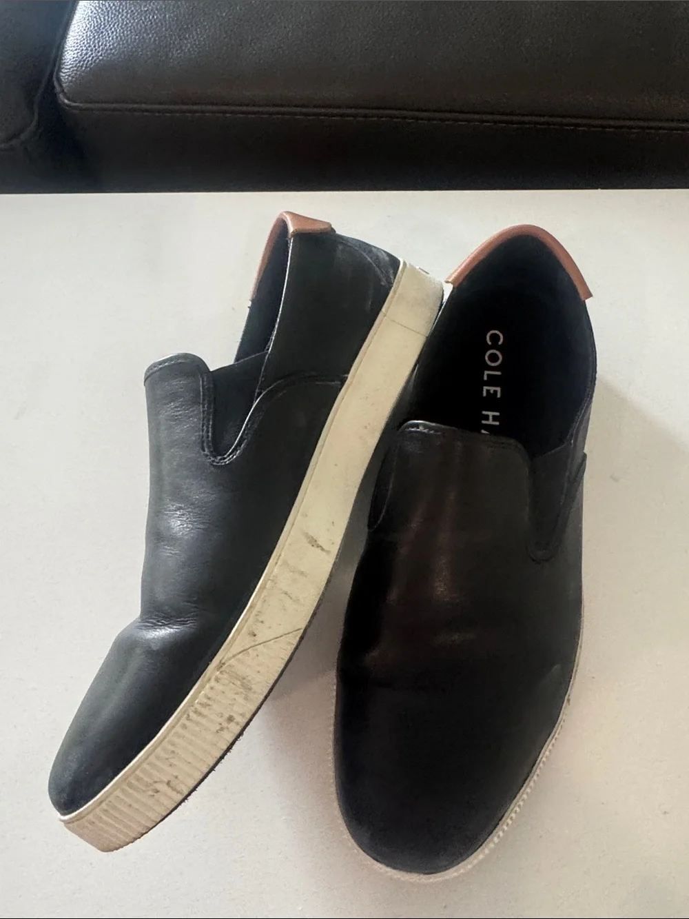 Cole Haan Black Leather Slip-On Sneakers with Brown Heel Tab